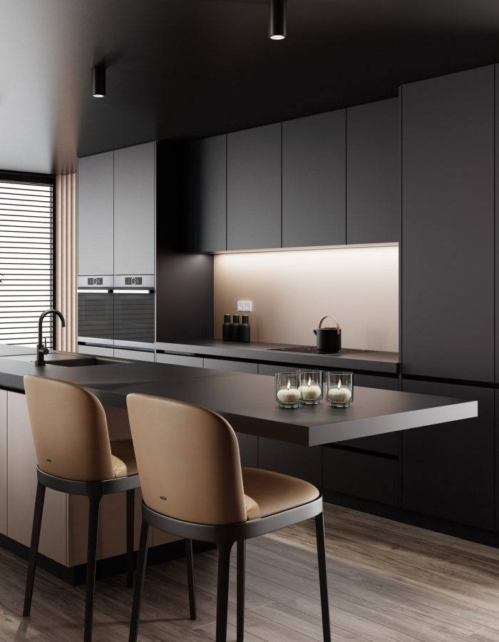 Luxury apartment with living room interior and modern minimalist kitchen with big kitchen island and stools.
Black matte cabinets with dark gold details. Black carpet. Grey sofa. Hardwood floor.  Italian style interior design. 3d rendering