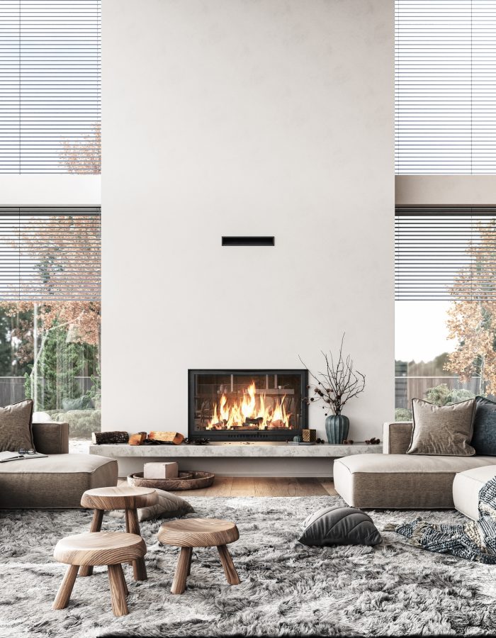 Cozy fireplace room with lush carpet and modern sofas.